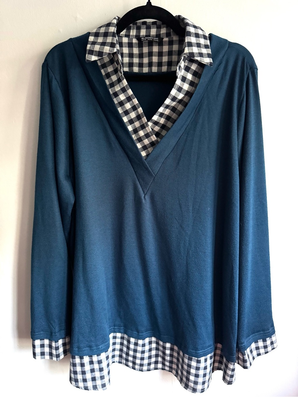 Bloomchic Womens Teal Layered-Look V-Neck Twofer with Gingham Trim